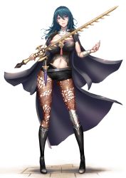 Rule 34 | 1girl, absurdres, armor, black armor, black cape, black pantyhose, black shorts, blue eyes, blue hair, blush, boots, breasts, brick floor, brown pantyhose, byleth (female) (fire emblem), byleth (fire emblem), cape, cleavage cutout, clothing cutout, commentary request, dagger, detached collar, emblem, fingernails, fire emblem, fire emblem: three houses, full body, gauntlets, hair between eyes, heroes relic (fire emblem), high heel boots, high heels, highres, holding, holding sword, holding weapon, knee pads, knife, lace, lace-trimmed legwear, lace trim, large breasts, legs, long fingernails, long hair, looking at viewer, nail polish, navel, navel cutout, nintendo, pantyhose, pantyhose under shorts, parted lips, patterned clothing, red nails, shadow, shiroshisu, short shorts, shorts, shoulder armor, sidelocks, simple background, single knee pad, solo, standing, sword, sword of the creator, weapon, white background, wrist guards