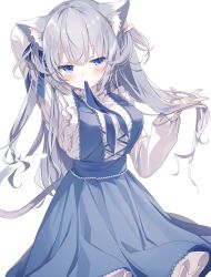Rule 34 | 1girl, absurdres, animal ear fluff, animal ears, blue dress, blue ribbon, blush, breasts, cat ears, cat tail, commentary, dress, emia (castilla), frilled shirt, frills, grey hair, hair ribbon, highres, large breasts, long hair, original, ribbon, shirt, simple background, tail, tying hair, unamused, undershirt, upper body, white background, white shirt