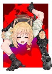 Rule 34 | 1girl, black footwear, black gloves, blonde hair, blood, blood splatter, blush, boots, border, bow, braid, closed eyes, commentary request, cookie (touhou), full body, gloves, hair bow, highres, holding, holding knife, kirisame marisa, knife, long hair, open mouth, orange background, outside border, red bow, respawn dead, reverse grip, shirt, side braid, single braid, smile, solo, squatting, star (symbol), suzu (cookie), tactical clothes, touhou, white border, white shirt