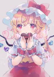 Rule 34 | 1girl, :o, arms up, ascot, blonde hair, blush, candy, chocolate, chocolate heart, commentary request, cowboy shot, flandre scarlet, food, grey background, hair between eyes, hat, hat ribbon, heart, heart of string, hiyuu (hiyualice), holding, holding chocolate, holding food, looking at viewer, mob cap, one side up, partial commentary, puffy short sleeves, puffy sleeves, red eyes, red skirt, red vest, ribbon, shirt, short hair, short sleeves, simple background, skirt, skirt set, solo, standing, touhou, valentine, vest, white hat, white shirt, wings, wrist cuffs, yellow ascot