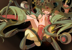 Rule 34 | 1girl, absurdly long hair, absurdres, arthropod girl, black footwear, black skirt, chinese commentary, commentary request, dynamic pose, eyeball hair ornament, full body, green hair, twirling hair, hatsune miku, highres, kitto ha, light particles, long hair, looking at viewer, necktie, red eyes, red nails, red necktie, red socks, shadow, skirt, smile, socks, solo, very long hair, vocaloid