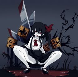 Rule 34 | 1girl, ascot, biohazard symbol, black footwear, black hair, black panties, black skirt, blood, blood stain, bow, colored skin, cookie (touhou), flat chest, full body, grey background, hair bow, highres, long hair, long sleeves, looking at viewer, mary janes, open mouth, panties, pixel art, pool of blood, red ascot, red bow, red eyes, shaded face, shirt, shoes, side ponytail, sign, siyudi (cookie), skirt, smile, solo, sparseseethe, squatting, suspender skirt, suspenders, underwear, warning sign, white shirt, white skin