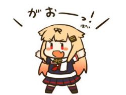 Rule 34 | 1girl, black ribbon, black serafuku, black skirt, blonde hair, fang, full body, hair flaps, hair ornament, hair ribbon, hairclip, kantai collection, karin., long hair, lowres, neckerchief, open mouth, outstretched arms, pleated skirt, red eyes, red neckerchief, ribbon, scarf, school uniform, serafuku, simple background, skin fang, skirt, solo, white background, white scarf, yuudachi (kancolle), yuudachi kai ni (kancolle)