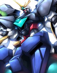 Rule 34 | absurdres, aqua eyes, close-up, gattai, gundam, gundam build divers, gundam build divers re:rise, haganef, highres, horns, looking up, mecha, no humans, re:rising gundam, robot, single horn, solo, spoilers, v-fin, white background