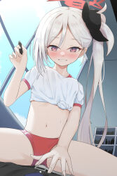 Rule 34 | 1girl, absurdres, blue archive, cpk prd, highres, looking at viewer, mesugaki, mutsuki (blue archive), pink eyes, short sleeves, smile, solo, white hair