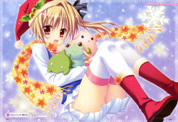 Rule 34 | 1girl, :d, absurdres, bell, blonde hair, blush, blush stickers, boots, hat, highres, holly, image sample, looking at viewer, moribe (rabumanyo), open mouth, orange scarf, original, pleated skirt, red eyes, santa hat, scan, scarf, short hair, skirt, smile, snowflakes, solo, stuffed animal, stuffed frog, stuffed toy, thighhighs, toy, white thighhighs