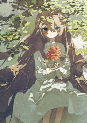 Rule 34 | 1girl, blush, closed mouth, commentary request, dappled sunlight, day, dress, feet out of frame, flower, green eyes, hair between eyes, highres, holding, holding flower, leaf, long hair, long sleeves, looking at viewer, original, outdoors, own hands together, potg (piotegu), red flower, sitting, solo, sunlight, very long hair, white dress