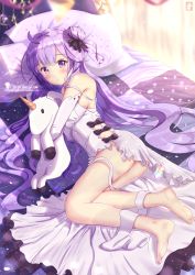 Rule 34 | 1girl, absurdres, ahoge, ass, azur lane, bad id, bad pixiv id, barefoot, bed, bedroom, black bow, blush, bow, breasts, chinchongcha, dress, full body, highres, long hair, looking at viewer, lying, on side, pillow, purple eyes, purple hair, solo, sparkle, unicorn (azur lane), very long hair, wavy hair, white dress