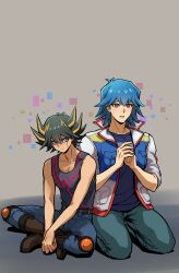 Rule 34 | 2boys, absurdres, bare shoulders, belt, black hair, black tank top, blue eyes, blue hair, blue pants, blue shirt, blush, boots, brown footwear, bruno (yu-gi-oh!), commentary, crossed legs, facial mark, facial tattoo, fudou yuusei, grey background, grey eyes, hands on lap, hands up, high collar, highres, jacket, knee pads, kneeling, light blush, male focus, marking on cheek, multicolored hair, multiple boys, open mouth, own hands together, pants, shirt, short hair, sitting, smile, spiked hair, streaked hair, tank top, tattoo, youko-shima, yu-gi-oh!, yu-gi-oh! 5d&#039;s