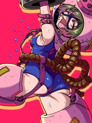Rule 34 | 1girl, animal costume, arm belt, arm up, armor, armored boots, armpits, ass, bare shoulders, blue one-piece swimsuit, blush, boots, breasts, cho-hakkaimon, closed eyes, commentary, covered erect nipples, cowboy shot, digimon, digimon (creature), facial mark, fang, from behind, garter belt, gauntlets, gerusyu, gloves, green hair, hair between eyes, highres, mask, one-piece swimsuit, open mouth, pig costume, pink armor, red background, rope, school swimsuit, short hair, sidelocks, simple background, skin fang, small breasts, solo, standing, standing on one leg, sweat, swimsuit, water drop