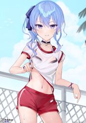 Rule 34 | 1girl, absurdres, against railing, bad id, bad pixiv id, black bra, blue choker, blue eyes, blue hair, blue ribbon, blue sky, bra, bra visible through clothes, choker, closed mouth, clothes lift, commentary request, cowboy shot, earrings, gym uniform, hair between eyes, hair ribbon, haru on, highres, hololive, hoshimachi suisei, jewelry, lifting own clothes, looking at viewer, medium hair, multiple rings, navel, outdoors, railing, ribbon, ring, see-through, see-through shirt, shirt, shirt lift, side ponytail, sidelocks, sky, smile, solo, standing, star (symbol), star earrings, star in eye, stomach, sweat, symbol in eye, underwear, virtual youtuber, wet, wet clothes, wet shirt