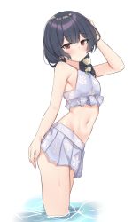 Rule 34 | 1girl, aa211108, absurdres, arm up, armpits, bikini, bikini skirt, blue hair, blush, breasts, dark blue hair, floral print, grey bikini, highres, idolmaster, idolmaster shiny colors, looking at viewer, looking to the side, morino rinze, pleated skirt, red eyes, side ponytail, simple background, skirt, small breasts, solo, swimsuit, wading, water