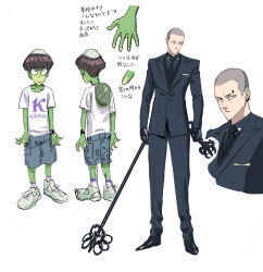 Rule 34 | 2boys, absurdres, arms at sides, black footwear, black gloves, black jacket, black necktie, black pants, black suit, blazer, blue shorts, brown hair, character sheet, closed mouth, clothes writing, ear piercing, eyebrow piercing, formal, gloves, highres, holding, holding staff, holding weapon, jacket, kappa, lapels, long sleeves, looking at viewer, multiple boys, murata yuusuke, necktie, original, pants, piercing, serious, shaved head, shirt, shoes, short hair, short sleeves, shorts, sketch, sneakers, socks, staff, standing, suit, t-shirt, translation request, very short hair, watch, weapon, webbed hands, white footwear, white shirt, wristwatch, zaiyuki