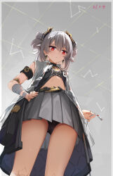 Rule 34 | 1girl, absurdres, armband, bandaged arm, bandages, bare shoulders, black panties, black skirt, breasts, bronya zaychik, cable, closed mouth, coat, commentary request, cowboy shot, crop top, dated, drill hair, earrings, ejieaa, grey background, grey hair, grey skirt, hair between eyes, hand on own hip, highres, holding, honkai (series), honkai impact 3rd, jewelry, long hair, looking at viewer, looking down, midriff, miniskirt, navel, panties, pleated skirt, prometheus (honkai impact), red eyes, shirt, skirt, sleeveless, sleeveless jacket, small breasts, solo, standing, thighs, twin drills, twintails, underwear, upskirt, white hair