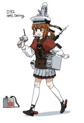 Rule 34 | 1girl, :d, anyan (jooho), autocannon, black eyes, black footwear, blush stickers, brown hair, brown vest, buttons, cannon, capelet, close-in weapon system, electronic firearm, gatling gun, grey skirt, gun, hat, highres, holding, holding weapon, holster, kneehighs, long hair, long sleeves, mecha musume, medium skirt, multiple-barrel firearm, naval artillery, naval gun, open mouth, original, phalanx ciws, pleated skirt, red capelet, rotary cannon, royal navy, sentry gun, shirt, shoes, simple background, skirt, smile, socks, solo, turret, vest, walking, weapon, white background, white hat, white shirt, white socks