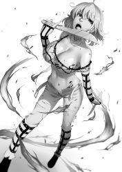 Rule 34 | 10s, 1girl, ahoge, arm at side, bare shoulders, breast tattoo, breasts, cleavage, collarbone, crop top, full body, greyscale, half-closed eyes, hand up, highres, hikage (senran kagura), holding, holding knife, holding weapon, knife, large breasts, licking, licking blade, licking weapon, looking at viewer, lulu-chan92, machete, midriff, monochrome, navel, off shoulder, open clothes, open fly, open mouth, open pants, pants, pinky out, senran kagura, short hair, sidelocks, solo, standing, stomach, stomach tattoo, tattoo, tongue, tongue out, weapon