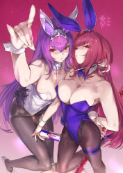 Rule 34 | 2girls, animal ears, black legwear, breast press, breasts, cleavage, fate/grand order, fate (series), hand on own hip, highleg, highleg leotard, large breasts, leotard, looking at viewer, multiple girls, official alternate costume, ohland, pantyhose, playboy bunny, purple hair, rabbit ears, rabbit tail, red eyes, red hair, scathach (fate), scathach (piercing bunny) (fate), scathach skadi (fate), tail