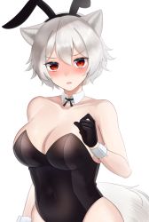 Rule 34 | 1girl, :o, alternate costume, animal ear fluff, animal ears, bad id, bad pixiv id, bare shoulders, black gloves, black hairband, black leotard, black neckwear, blush, breasts, cleavage, covered navel, detached collar, fake animal ears, gloves, hair between eyes, hairband, hand up, highres, inubashiri momiji, large breasts, leotard, looking at viewer, nose blush, parted lips, playboy bunny, red eyes, short hair, silver hair, simple background, solo, tail, tojo aoi, touhou, upper body, white background, wolf ears, wolf tail, wrist cuffs