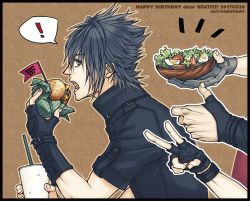Rule 34 | !, 4boys, artist name, black gloves, black hair, black jacket, border, bowl, brown background, burger, character name, cup, dated, disposable cup, eating, final fantasy, final fantasy xv, fingerless gloves, food, gladiolus amicitia, gloves, hair between eyes, hair slicked back, happy birthday, hardboiled egg, high collar, holding, holding bowl, holding cup, holding food, ignis scientia, jacket, looking back, lower teeth only, male focus, multiple boys, noctis lucis caelum, open mouth, out of frame, partially fingerless gloves, prompto argentum, salad bowl, short hair, short sleeves, solo focus, spiked hair, spoken exclamation mark, teeth, upper body, upper teeth only, yui (nightflight)
