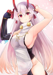 Rule 34 | 1girl, arm up, armpits, arms up, asymmetrical gloves, backless outfit, bare shoulders, black gloves, blonde hair, blush, breasts, closed mouth, cowboy shot, elbow gloves, fate/grand order, fate (series), gloves, gradient background, gradient hair, groin, hair between eyes, headband, highres, hip focus, horns, large breasts, long hair, looking at viewer, multicolored hair, neneru, oni horns, pelvic curtain, pink background, red eyes, revision, side slit, sideboob, silver hair, single elbow glove, single glove, sleeveless, sleeveless turtleneck, slit pupils, smile, solo, standing, straight hair, tabard, tomoe gozen (fate), turtleneck, uneven gloves, very long hair