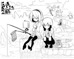 Rule 34 | 1boy, 2girls, ^^^, alternate costume, ball, clothes writing, cloud, emil (nier), falling, fishing, fishing rod, floating, from behind, gloves, greyscale, hairband, hand net, high heels, jin (mugenjin), jitome, long hair, monochrome, motion lines, multiple girls, net, nier:automata, nier (series), on floor, outdoors, pigeon-toed, pod (nier:automata), robot, shirt, short hair, shorts, sitting, sky, squatting, t-shirt, thighhighs, throwing, translation request, water, 2b (nier:automata), 9s (nier:automata), a2 (nier:automata), zettai ryouiki