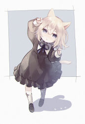 Rule 34 | 1girl, ;o, animal ears, arm up, black dress, black footwear, blue ribbon, cat ears, cat girl, cat tail, collared shirt, commentary request, dress, expressionless, frilled dress, frills, full body, grey background, grey eyes, hand up, highres, indie virtual youtuber, kneehighs, leaning to the side, loafers, long sleeves, looking at viewer, medium hair, neck ribbon, one eye closed, parted lips, paw print, ribbon, sayonaka (vtuber), shadow, shiraume (hakubaian), shirt, shoes, simple background, sleeve cuffs, socks, solo, standing, tail, two-tone background, virtual youtuber, white background, white hair, white socks