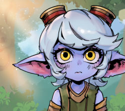Rule 34 | 1girl, animal ears, bare shoulders, blush, bush, closed mouth, frown, goggles, goggles on head, green shirt, grey hair, league of legends, looking at viewer, phantom ix row, pointy ears, shirt, solo, tristana, upper body, yellow eyes, yordle