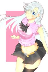 Rule 34 | 10s, 1girl, belt, black thighhighs, blue eyes, blush, breasts, earrings, elizabeth liones, hair over one eye, jewelry, long hair, miniskirt, nanatsu no taizai, navel, silver hair, single thighhigh, skirt, skirt hold, smile, solo, standing, thighhighs, thighs
