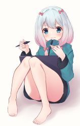 Rule 34 | 1girl, absurdres, ass, bare legs, barefoot, bitseon, blush, bow, closed mouth, commentary request, drawing tablet, eromanga sensei, full body, green jacket, grey hair, hair bow, highres, holding, holding pen, izumi sagiri, jacket, long hair, long sleeves, looking at viewer, low twintails, pen, pink bow, sitting, solo, stylus, twintails