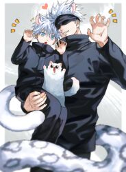 Rule 34 | 2boys, absurdres, aged down, animal, black blindfold, black jacket, blindfold, border, cat, cat tail, glasses, gojou satoru, grey background, hair between eyes, hair up, hand on another&#039;s thigh, heart, highres, jacket, jujutsu kaisen, looking at viewer, male focus, motion lines, multiple boys, open mouth, smile, snow leopard tail, sparkle, sunglasses, tail, teeth, white border, white cat, white hair, yoon (dmsco1803)