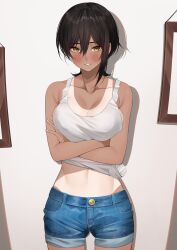 1girl absurdres arms_under_breasts bare_arms bare_shoulders black_hair blush breasts cleavage collarbone crossed_arms dark-skinned_female dark_skin denim denim_shorts fingernails hair_between_eyes highres large_breasts looking_at_viewer midriff navel one-piece_tan original parted_lips short_hair short_shorts shorts smile solo stomach tan tank_top tanline tied_tank_top white_tank_top yellow_eyes yuya_(yuya_illust)