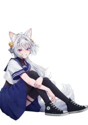 Rule 34 | absurdres, ahoge, animal ear fluff, animal ears, bell, black bodysuit, black thighhighs, blue skirt, bodysuit, filian (vtuber), fox ears, fox tail, from side, full body, grin, haedgie, hair bell, hair ornament, highres, indie virtual youtuber, lace-up, light blush, looking at viewer, pleated skirt, purple eyes, school uniform, serafuku, shoes, sitting, skirt, smile, sneakers, tail, thigh strap, thighhighs, transparent background, variant set, virtual youtuber, white hair