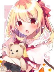 Rule 34 | 1girl, :o, ascot, blush, border, chisiro unya (unya draw), fang, flandre scarlet, frilled shirt collar, frills, hair between eyes, hair ribbon, heart, holding, holding stuffed toy, long hair, looking at viewer, no headwear, one side up, open mouth, outside border, puffy short sleeves, puffy sleeves, purple background, red eyes, red ribbon, red vest, ribbon, short sleeves, simple background, solo, stuffed animal, stuffed toy, teddy bear, touhou, upper body, vest, white border, yellow ascot