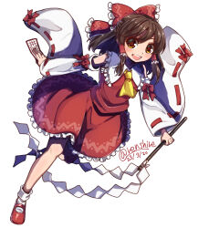 Rule 34 | 1girl, :d, ascot, bow, brown eyes, brown hair, commentary request, dated, detached sleeves, full body, hair bow, hair tubes, hakurei reimu, highres, medium hair, open mouth, red bow, red footwear, red shirt, red skirt, renshirenji, ribbon-trimmed sleeves, ribbon trim, shirt, simple background, skirt, smile, socks, solo, teeth, touhou, twitter username, upper teeth only, white background, white socks, yellow ascot