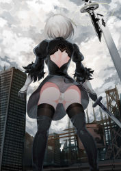 Rule 34 | 1girl, android, ass, back cutout, black dress, black thighhighs, boots, building, clothing cutout, cloud, cloudy sky, dress, feather-trimmed sleeves, from behind, gloves, highres, holding, holding sword, holding weapon, leotard, leotard under clothes, long sleeves, nier (series), nier:automata, outdoors, panties, pantyshot, short hair, silver hair, sky, skyscraper, solo, standing, sword, thighhighs, thighhighs under boots, underwear, weapon, wind, wind lift, 2b (nier:automata)