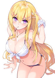 Rule 34 | 1girl, :t, ahoge, arm up, bikini, black bikini, blonde hair, blush, breasts, candy, cleavage, closed mouth, collarbone, commentary request, cowboy shot, cu-no, fingernails, food, front-tie bikini top, front-tie top, hair between eyes, hair ornament, hairclip, hakurei botan, halterneck, hand in own hair, hand up, hisen kaede, jewelry, large breasts, leaning forward, lollipop, long hair, looking at viewer, mouth hold, navel, necklace, purple eyes, scrunchie, sidelocks, simple background, solo, swimsuit, v-shaped eyebrows, very long hair, white background, white bikini, white scrunchie, wrist scrunchie