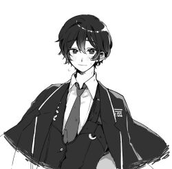 Rule 34 | 1boy, blush, closed mouth, coat, coat on shoulders, collared shirt, greyscale, limbus company, looking at viewer, monochrome, necktie, project moon, shirt, solo, sweat, uchimura (rino0525), upper body, vest, yi sang (project moon)