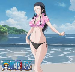 1girl artist_request beach bikini black_hair blue_eyes breasts cleavage cloud copyright_name female_focus island large_breasts long_hair looking_at_viewer midriff navel nico_robin ocean one_piece one_piece_special:_episode_0 shirt side-tie_bikini_bottom sky solo stomach swimsuit thighs tied_shirt