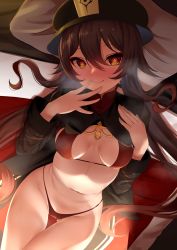 Rule 34 | 1girl, absurdres, bikini, black jacket, blush, breasts, brown hair, cleavage, dearonnus, flower-shaped pupils, genshin impact, hat, highres, hu tao (genshin impact), jacket, long hair, long sleeves, looking at viewer, lying, medium breasts, navel, on back, open clothes, open jacket, orange eyes, red bikini, smile, swimsuit, symbol-shaped pupils, thighs, twintails, very long hair