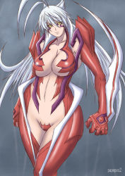 Rule 34 | 00s, 1girl, ahoge, amaha masane, artist name, breasts, cleavage, large breasts, looking at viewer, navel, no bra, papepox2, solo, standing, witchblade
