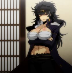 Rule 34 | 10s, 1girl, abs, banchou, bandages, bandages around chest, black hair, breast rest, breasts, coat, crossed arms, daidouji (senran kagura), delinquent, hat, highres, huge breasts, indoors, long hair, messy hair, midriff, navel, red eyes, sarashi, school uniform, screencap, senran kagura, shiny skin, solo, standing, stitched, third-party edit, very long hair