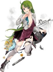 Rule 34 | 1girl, aqua bow, aqua bowtie, blouse, blue eyes, boots, bouquet, bow, bowtie, braid, breasts, collarbone, cross-laced footwear, flower, fujikawa, full body, green hair, grey thighhighs, kantai collection, lace-up boots, long hair, long sleeves, medium breasts, mole, mole under mouth, official art, open mouth, pleated skirt, purple skirt, purple vest, shirt, single braid, skirt, smoke, solo, thighhighs, torn clothes, torn skirt, torn thighhighs, torpedo, transparent background, vest, white shirt, yuugumo (kancolle), yuugumo kai ni (kancolle)
