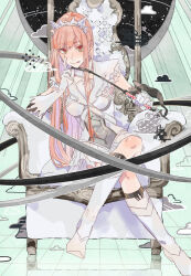 Rule 34 | 1girl, blush, crossed legs, dress, e1voipius52iwof, fate/grand order, fate (series), frilled dress, frills, gloves, highres, leaning to the side, licking lips, long hair, looking at viewer, medb (fate), multicolored eyes, pink hair, riding crop, sitting, skirt, solo, throne, tiara, tongue, tongue out, white skirt