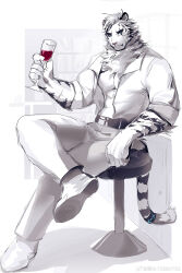 Rule 34 | 1boy, abs, absurdres, animal ears, arknights, bara, blue eyes, cross scar, cup, drink, drinking glass, facial scar, furry, furry male, hashtag-only commentary, highres, holding, holding cup, holding drink, infection monitor (arknights), looking at viewer, male focus, mountain (arknights), multiple scars, muscular, muscular male, open clothes, open shirt, pants, pectorals, red wine, scar, scar across eye, scar on arm, scar on cheek, scar on face, shabi96522, shirt, smile, tail, tiger boy, tiger ears, tiger stripes, tiger tail, weibo logo, weibo watermark, white footwear, white pants, white shirt, wine, wine glass