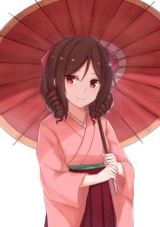 Rule 34 | 10s, 1girl, blush, brown hair, cai geng, closed mouth, drill hair, hair ornament, hakama, hakama skirt, harukaze (kancolle), holding, holding umbrella, japanese clothes, kantai collection, kimono, long sleeves, looking at viewer, over shoulder, parasol, parted lips, pink kimono, red hakama, red umbrella, short hair, simple background, skirt, smile, solo, twin drills, umbrella, upper body, white background, wide sleeves