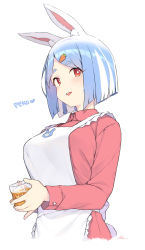 Rule 34 | 1girl, absurdres, animal ear fluff, animal ears, apron, blush, bob cut, breasts, cloba, commentary request, cup, drinking glass, food-themed hair ornament, hair ornament, highres, holding, holding cup, hololive, ice, ice cube, jacket, large breasts, long sleeves, looking at viewer, mature female, mole, mole under eye, open mouth, pekomama, rabbit ears, rabbit girl, rabbit tail, red eyes, short hair, simple background, smile, solo, tail, thick eyebrows, virtual youtuber, white background