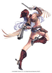 Rule 34 | 1girl, blue hair, boots, chaos online, company name, copyright name, darae, fringe trim, full body, green eyes, gun, hat, high heel boots, high heels, highres, long hair, love cacao, official art, open mouth, shorts, simple background, solo, standing, standing on one leg, thigh strap, weapon, white background