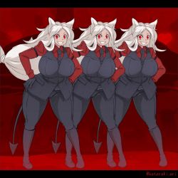 Rule 34 | 3girls, animal ears, animated, animated gif, belt, black gloves, black neckwear, black pants, black vest, breasts, cerberus (helltaker), clenched hand, demon girl, demon tail, fang, gloves, hataraki ari, helltaker, large breasts, long hair, matching outfits, multiple girls, necktie, open mouth, pants, red background, red eyes, red shirt, shirt, tail, vest, white hair, wolf ears