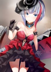 Rule 34 | 1girl, admiral graf spee (azur lane), alternate breast size, alternate costume, arm scrunchie, azur lane, blue eyes, blue gemstone, blush, breasts, choker, cleavage, closed mouth, cross, dress, flamenco, gem, gloves, hand up, hat, hayami yoichi, highres, iron cross, large breasts, looking at viewer, machinery, multicolored hair, red dress, red hair, rigging, short hair, sidelocks, silver hair, smile, solo, strapless, strapless dress, streaked hair, thighs