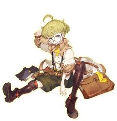 Rule 34 | 1boy, aged down, ahoge, atelier (series), atelier ryza, atelier ryza 1, bag, black footwear, blue eyes, book, boots, brown pants, full body, glasses, green hair, looking at viewer, male focus, official art, on ground, open mouth, pants, pocket watch, round eyewear, shirt, short sleeves, sitting, solo, tao mongarten, toridamono, transparent background, watch, white shirt